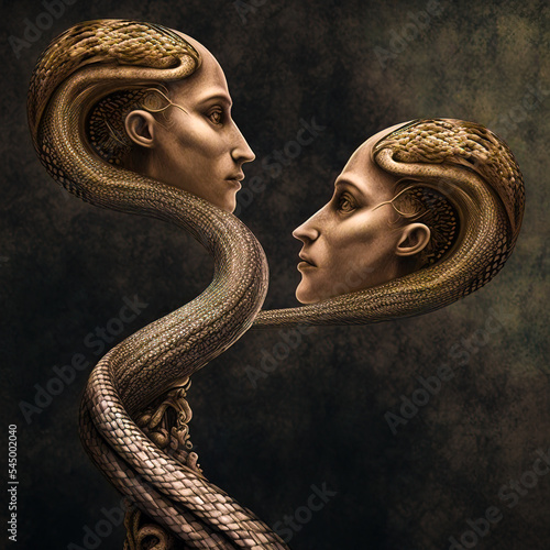 Brethren. Two heads intertwined on long slender necks