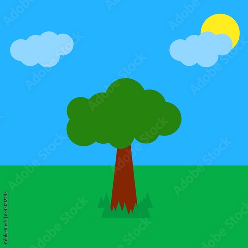 Beautiful nature landscape with tree clouds and sun. Green trees under blue sky with white clouds and sun. Flat design illustration of landscape. 