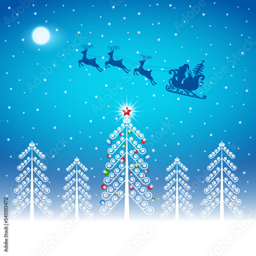 Santa Claus and gifts in sleigh with reindeers pulling the sleigh on forest background.