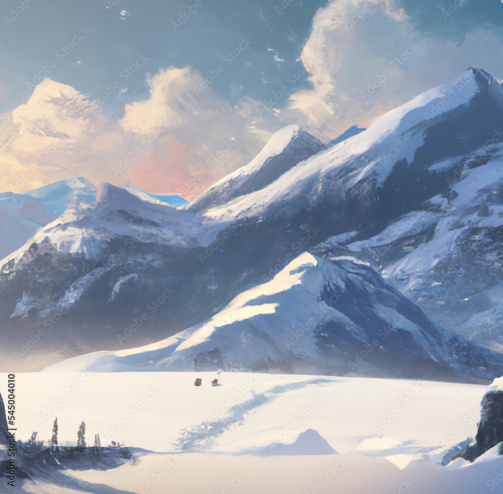 Illustration of a snowy winter day landscape with mountains and trees