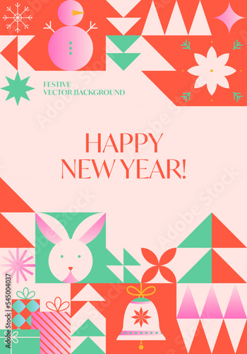 Christmas and Happy New Year greeting banner template.Festive vector background in bauhaus style with traditional winter holiday symbols.Xmas trendy design for branding,invitations,prints,social media