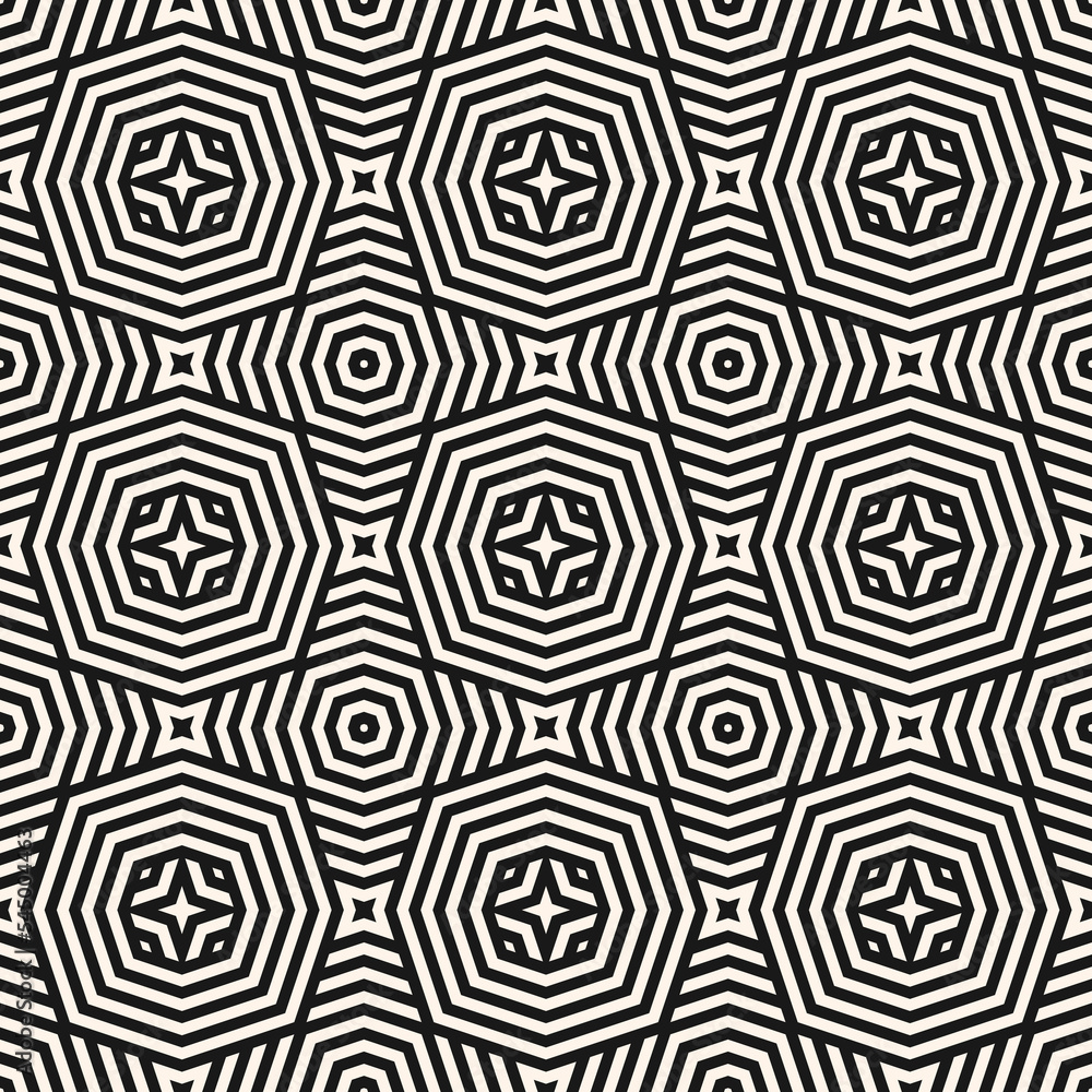 Geometric line seamless pattern. Abstract vector monochrome striped ornament. Black and white texture with lines, stripes, stars shapes, octagons, repeat tiles. Simple background. Trendy linear design Geometric line seamless pattern. Abstract vector monochrome striped ornament. Black and white texture with lines, stripes, stars shapes, octagons, repeat tiles. Simple background. Trendy linear design