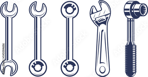 Drawing vector Mechanic Wrenches collection. Working key tools illustration. Open box ended combination adjustable socket cartoon