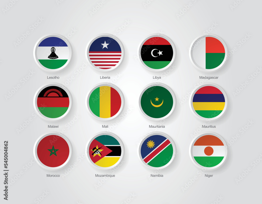 3D embossed and circular design flag icons for African countries. Vector illustration. 3D embossed and circular design flag icons for African countries. Vector illustration.