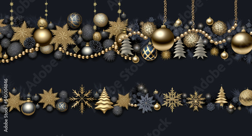 Christmas holiday background. Christmas and New Year holiday horizontal gold black frame, banner. fir branches, gold baubles, snowflakes, pine cones . For celebration banner, poster with copy space 
