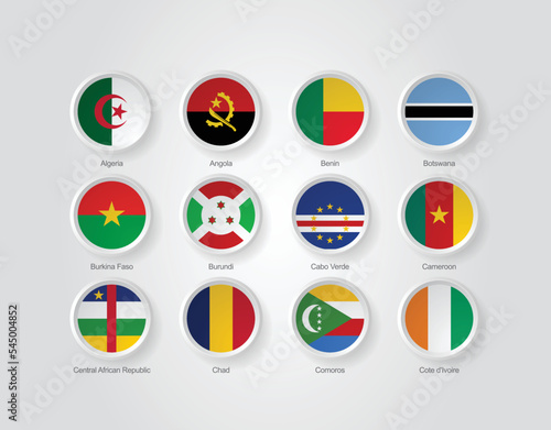 3D embossed and circular design flag icons for African countries. Vector illustration.