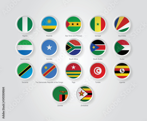 3D embossed and circular design flag icons for African countries. Vector illustration.