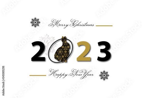 Happy New Year 2023. Card with rabbit and snowflakes