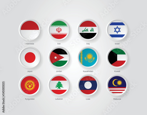 3D embossed and circular design flag icons for Asian countries. Vector illustration. © Faizul