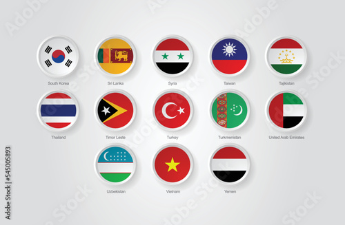 3D embossed and circular design flag icons for Asian countries. Vector illustration.