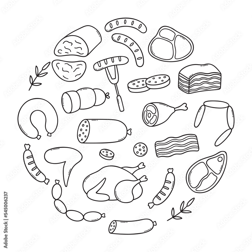 Meat doodle set. Sausages, steaks, ribs, pork, beef in sketch style. Hand drawn vector illustration isolated on white background Meat doodle set. Sausages, steaks, ribs, pork, beef in sketch style. Hand drawn vector illustration isolated on white background
