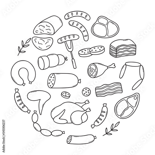 Meat doodle set. Sausages, steaks, ribs, pork, beef in sketch style. Hand drawn vector illustration isolated on white background