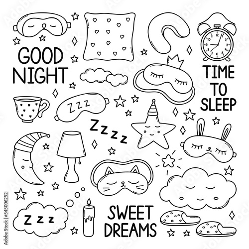 Sleep doodle set. good night symbols in sketch style. Hand drawn vector illustration isolated on white background