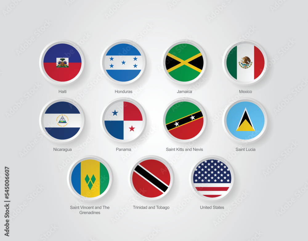 3D embossed and circular design flag icons for North American countries. Vector illustration.