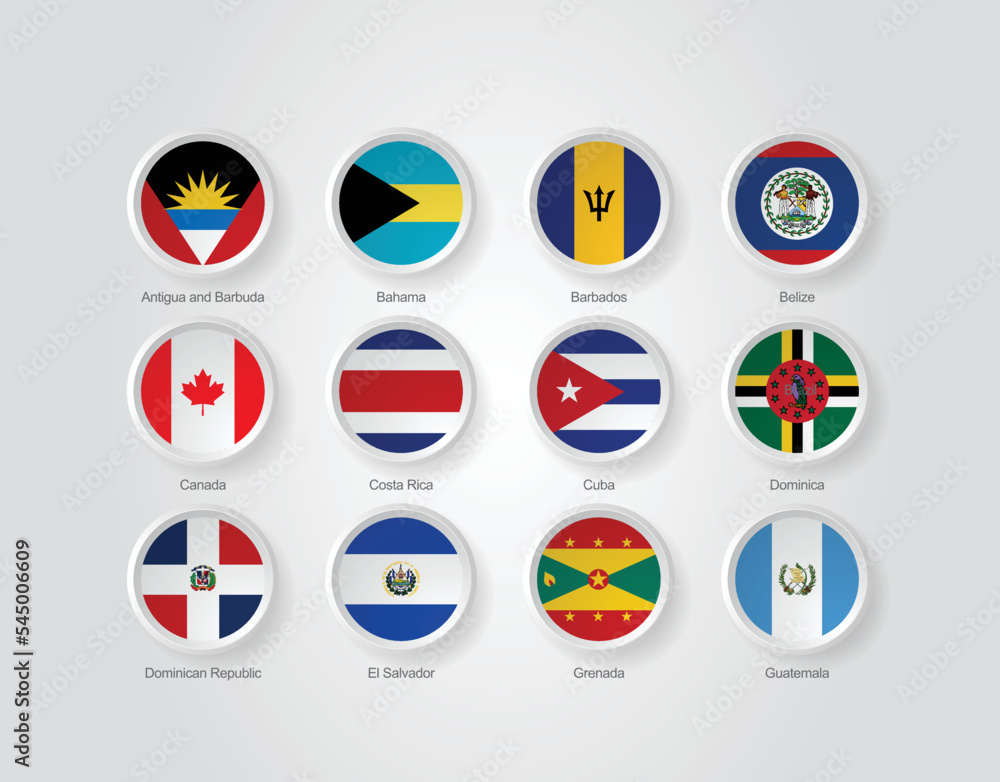 3D embossed and circular design flag icons for North American countries. Vector illustration. 3D embossed and circular design flag icons for North American countries. Vector illustration.