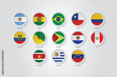 3D embossed and circular design flag icons for South American countries. Vector illustration.