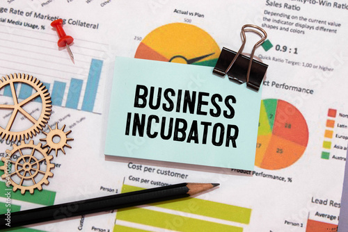 On the table is a notebook, a pen and a business card with the inscription - BUSINESS INCUBATOR