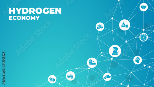 Hydrogen economy vector illustration. Concept with connected icons related to hydrogen use as fuel, in industrial processes, hydrogen storage and transport