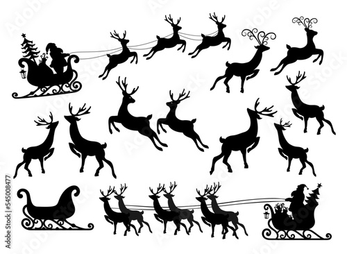 Santa Claus in sleigh, reindeers isolated on white.