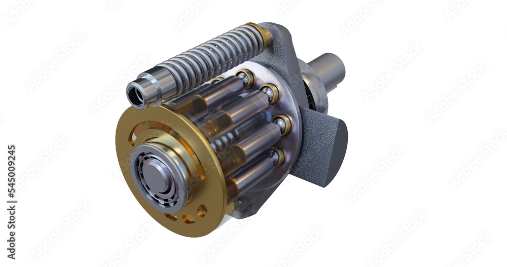 Hydraulic piston pump with oil showing the internal details bearing, swashplate, valve plate and more Hydraulic piston pump with oil showing the internal details bearing, swashplate, valve plate and more