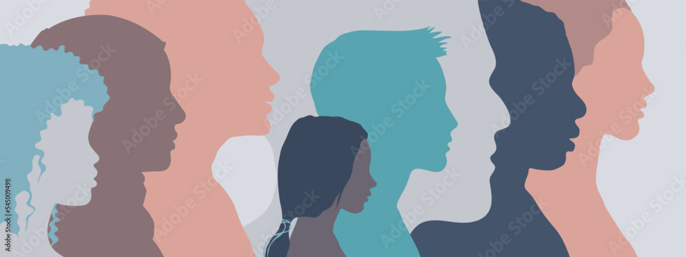 Silhouette profile of people of different age and ethnicity. Multicultural and multiracial society.