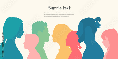 International education concept. University, college, elementary school. Group of students and schoolchildren. People profile silhouette.