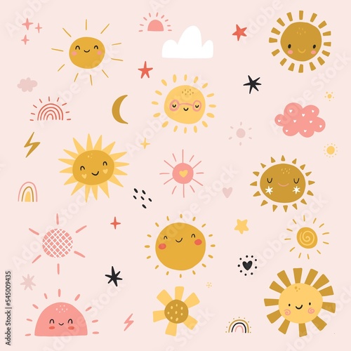 Cute set with sun characters. Funny happy suns. Happy doodles beautiful cartoon faces illustration