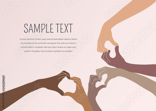 Communication, friendship and harmony between women of diverse cultures and ethnicity. Vector background with hands showing heart shape.