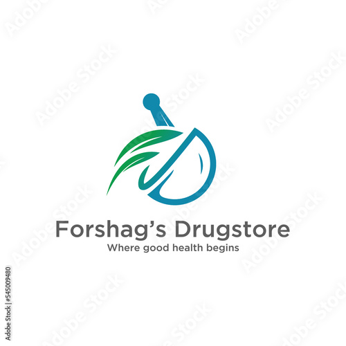 pharmacy logo, creative mortar, pestle and leaf vector