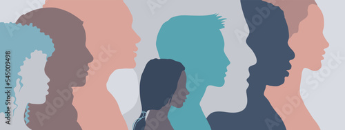 Silhouette profile of people of different age and ethnicity. Multicultural and multiracial society.