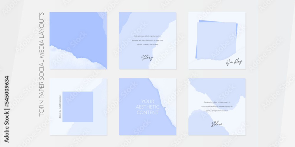Light-blue social media post templates with torn paper texture for cosmetics, skincare, wellness.	