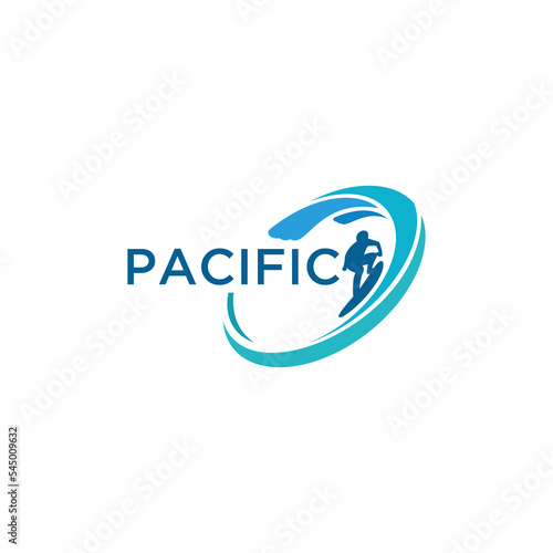 Surfing logo with silhouette of man, board and sea wave water swirl in round shape.
