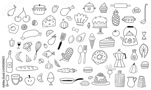 Foods doodles hand drawn sketchy symbols and objects