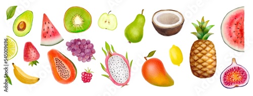 Fototapeta Naklejka Na Ścianę i Meble -  Watercolor painted collection of fruits. Hand drawn fresh food design elements isolated on white background.