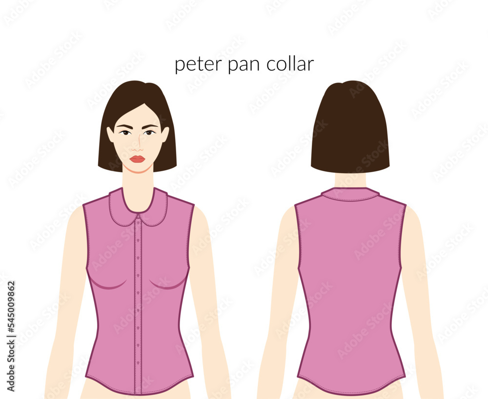 Peter Pan collar neckline plackets clothes character beautiful lady in pink top, shirt, dress technical fashion illustration with fitted body. Flat apparel template. Women, men unisex CAD mockup Peter Pan collar neckline plackets clothes character beautiful lady in pink top, shirt, dress technical fashion illustration with fitted body. Flat apparel template. Women, men unisex CAD mockup