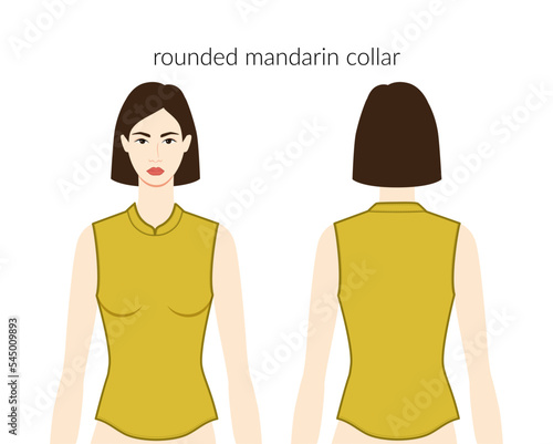 Rounded mandarin neckline collars clothes character beautiful lady in ochre top, shirt, dress technical fashion illustration with fitted body. Flat apparel template front, back sides. Women men unisex