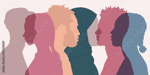Multicultural people. Racial equality, friendship, communication concept. Male and female profile silhouette.	