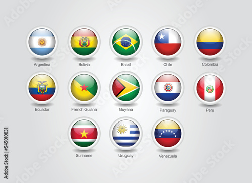 3D glossy and round design flag icons for South American countries. Vector illustration.