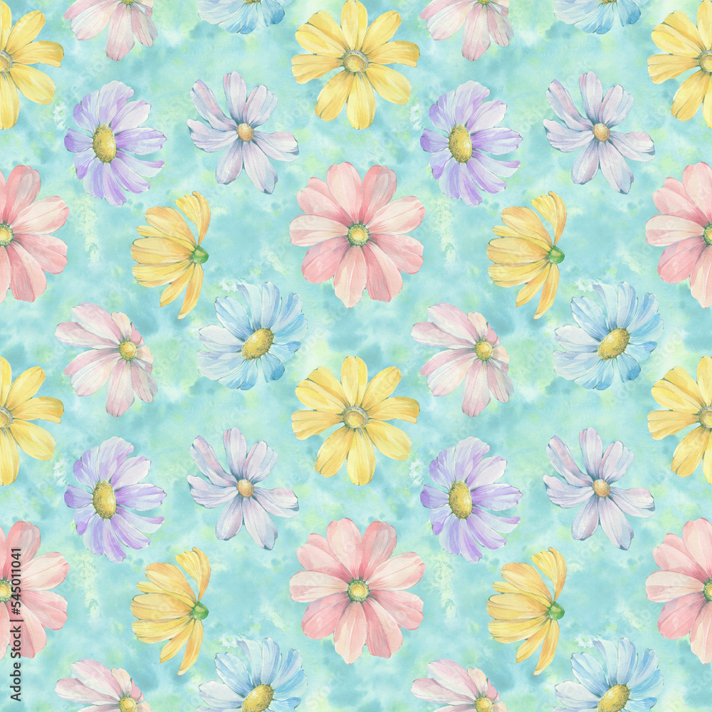 Floral seamless pattern. Colorful botanical background of digitally processed watercolor flowers.