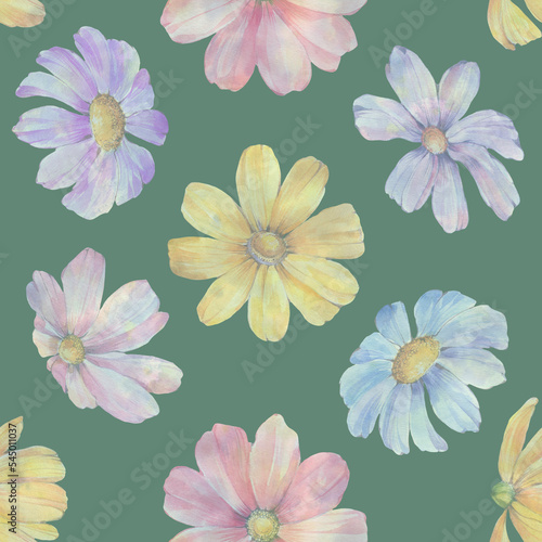 Floral seamless pattern. Colorful botanical background of digitally processed watercolor flowers.