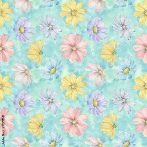 Floral seamless pattern. Colorful botanical background of digitally processed watercolor flowers.