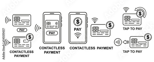 Contactless cashless payment by credit bank chip card, wireless online mobile phone money transfer, NFC tap pay line icon set. Internet banking cash transaction by smartphone electronic wallet. Vector