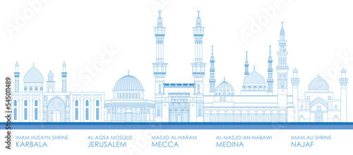 Outline Skyline Panorama of the Most Famous Mosques - vector illustration