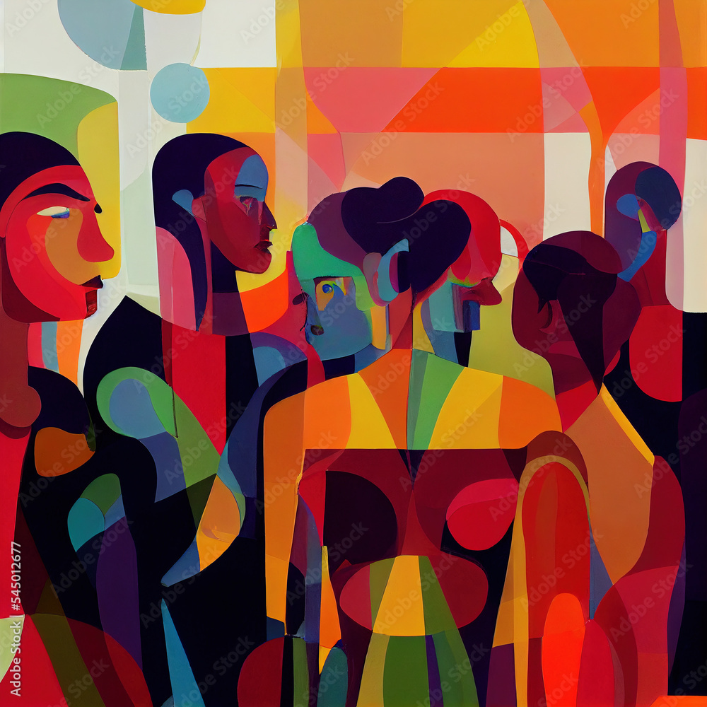 Crowds of people at a party, Abstract gouache / Acrylic painting on canvas,  in a cubist / modernist style Illustration Stock | Adobe Stock