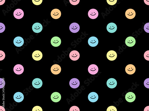 Smiley face cartoon character seamless pattern on black background