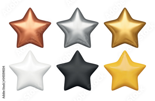 Realistic vector stars set. Golden, bronze and silver stars illustration.