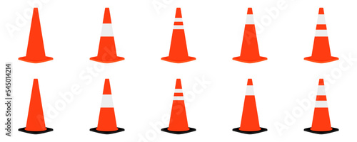 Conjunto de conos de tráfico color naranja. Concepto de señal, aviso, advertencia. Ilustración vectorial