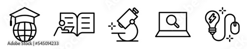 Conjunto de iconos de educación. Herramientas académicas, investigación, creación, ciencias, lectura. Ilustración vectorial