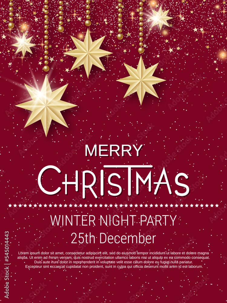 Merry Christmas and Happy New Year vector illustration. Dark red background with stars and snowflakes. Flyer, invitation card, booklet template