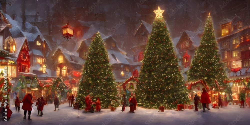 The Christmas tree village is a scene of beauty and joy. The trees are decorated with lights and ornaments, and the ground is covered in a blanket of snow. The air is filled with the sound of carols b